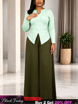 AOMEIDRESS Chic Women Two Piece Set V Neck Long Sleeve Top Pants - LightGreen / S