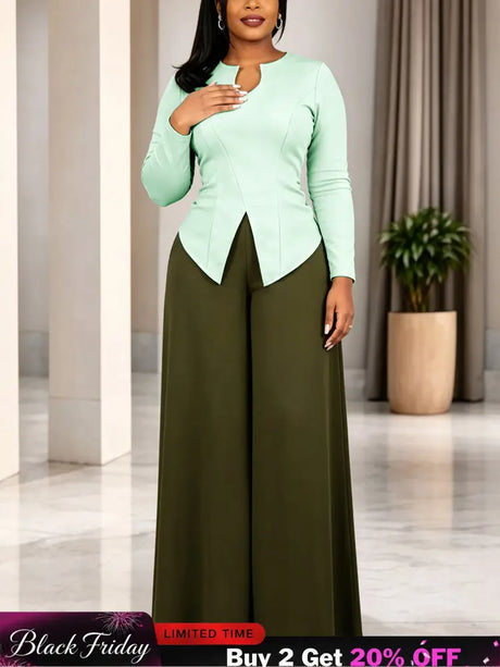 AOMEIDRESS Chic Women Two Piece Set V Neck Long Sleeve Top Pants - LightGreen / S