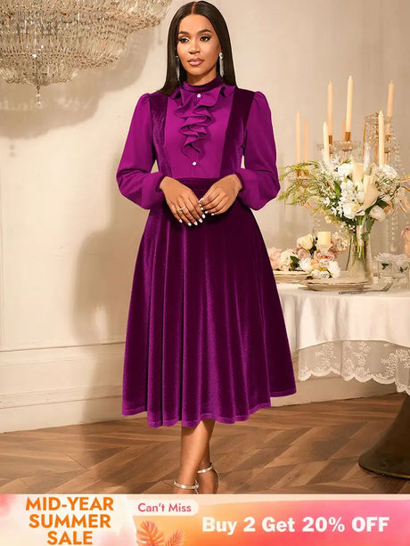 AOMEIDRESS Chic Women Velvet Pleated Dress Ruffles A Line Party Gowns Purple / S