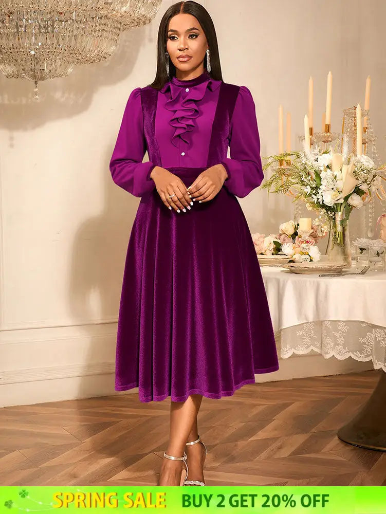 AOMEIDRESS Chic Women Velvet Pleated Dress Ruffles A Line Party Gowns Purple / S