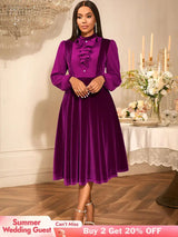 AOMEIDRESS Chic Women Velvet Pleated Dress Ruffles A Line Party Gowns Purple / S