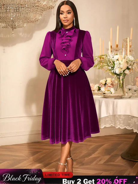 AOMEIDRESS Chic Women Velvet Pleated Dress Ruffles A Line Party Gowns Purple / S