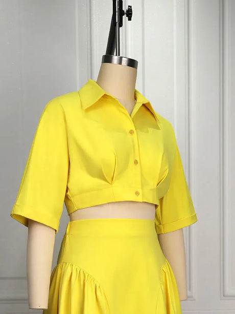 AOMEIDRESS Chic Yellow Cropped Button Up Shirt Turn Down Collar Tops