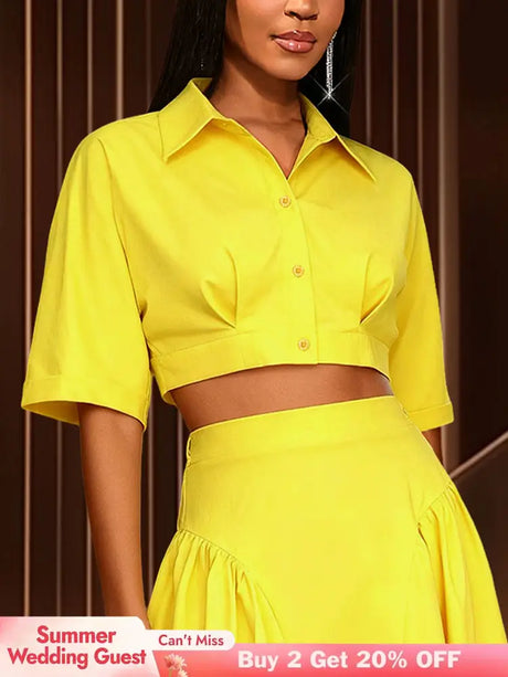 AOMEIDRESS Chic Yellow Cropped Button Up Shirt Turn Down Collar Tops Yellow / S
