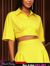 AOMEIDRESS Chic Yellow Cropped Button Up Shirt Turn Down Collar Tops Yellow / S