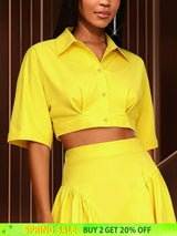 AOMEIDRESS Chic Yellow Cropped Button Up Shirt Turn Down Collar Tops Yellow / S