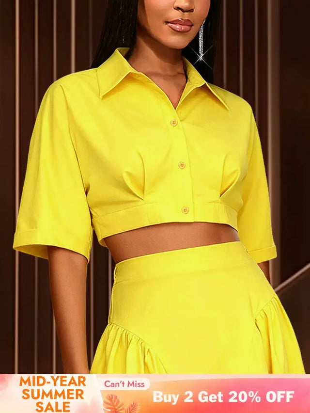 AOMEIDRESS Chic Yellow Cropped Button Up Shirt Turn Down Collar Tops Yellow / S