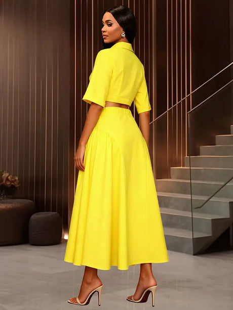 AOMEIDRESS Chic Yellow Two Piece Set Crop Tops High Waist Skirt
