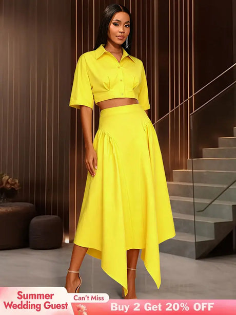 AOMEIDRESS Chic Yellow Two Piece Set Crop Tops High Waist Skirt Yellow / S