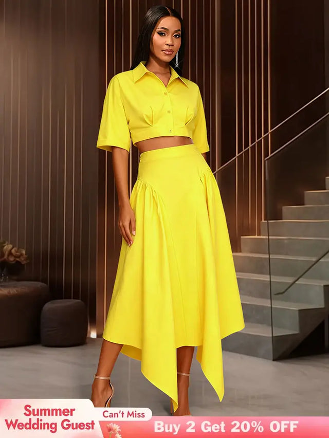 AOMEIDRESS Chic Yellow Two Piece Set Crop Tops High Waist Skirt Yellow / S
