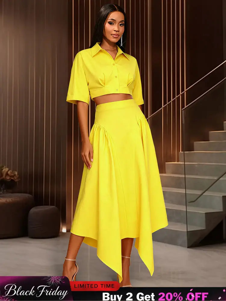 AOMEIDRESS Chic Yellow Two Piece Set Crop Tops High Waist Skirt Yellow / S