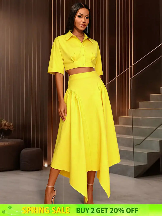 AOMEIDRESS Chic Yellow Two Piece Set Crop Tops High Waist Skirt Yellow / S