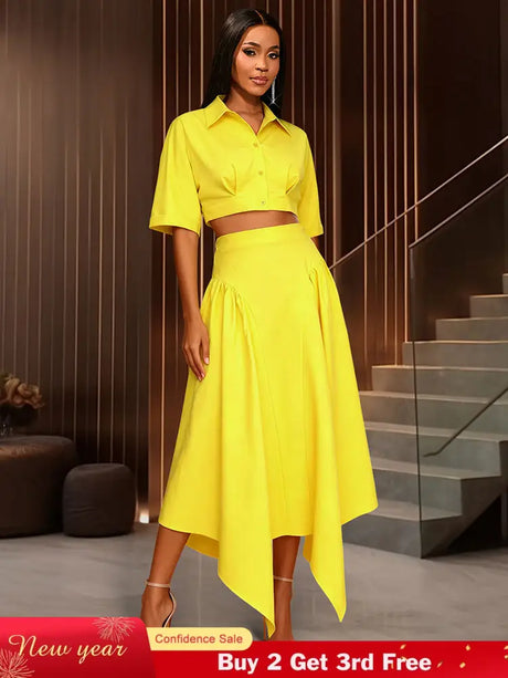 AOMEIDRESS Chic Yellow Two Piece Set Crop Tops High Waist Skirt Yellow / S