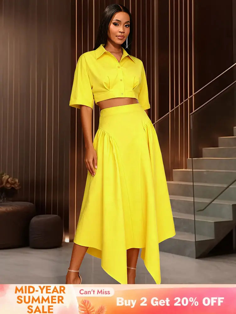 AOMEIDRESS Chic Yellow Two Piece Set Crop Tops High Waist Skirt Yellow / S
