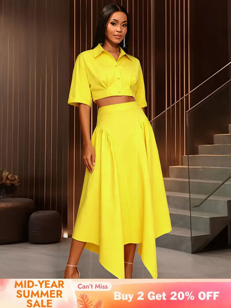 AOMEIDRESS Chic Yellow Two Piece Set Crop Tops High Waist Skirt Yellow / S