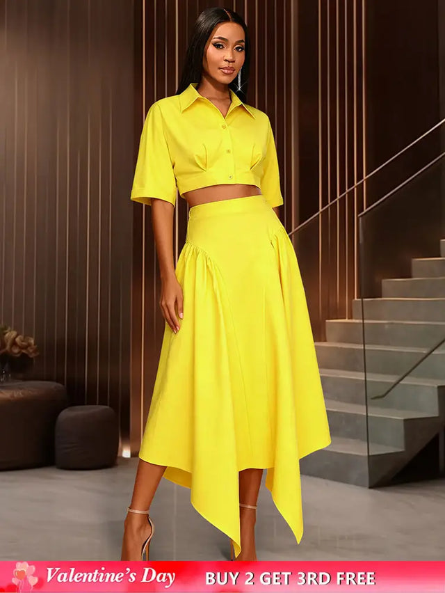 AOMEIDRESS Chic Yellow Two Piece Set Crop Tops High Waist Skirt Yellow / S