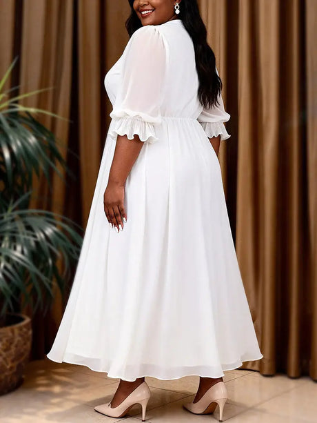 AOMEIDRESS Chiffon A Line Dress Cut Out Neck Puff Sleeve Ruffles Belt