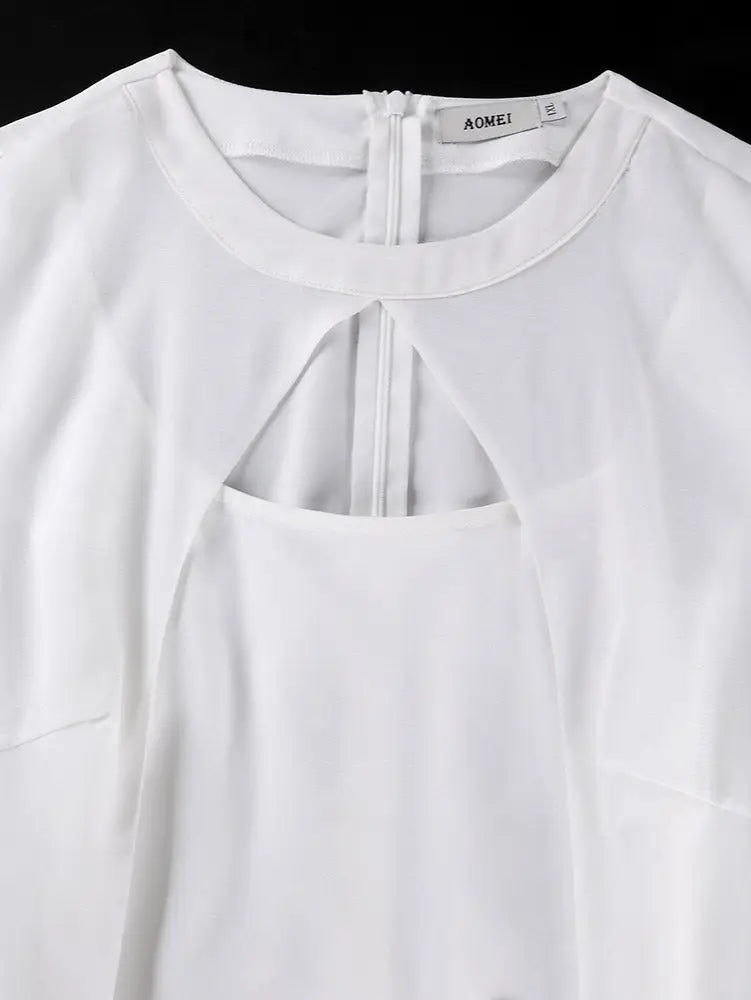 AOMEIDRESS Chiffon A Line Dress Cut Out Neck Puff Sleeve Ruffles Belt