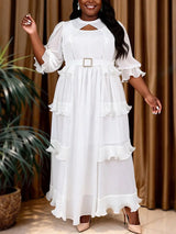 AOMEIDRESS Chiffon A Line Dress Cut Out Neck Puff Sleeve Ruffles Belt