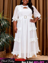 AOMEIDRESS Chiffon A Line Dress Cut Out Neck Puff Sleeve Ruffles Belt - White / S