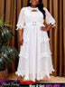 AOMEIDRESS Chiffon A Line Dress Cut Out Neck Puff Sleeve Ruffles Belt - White / S