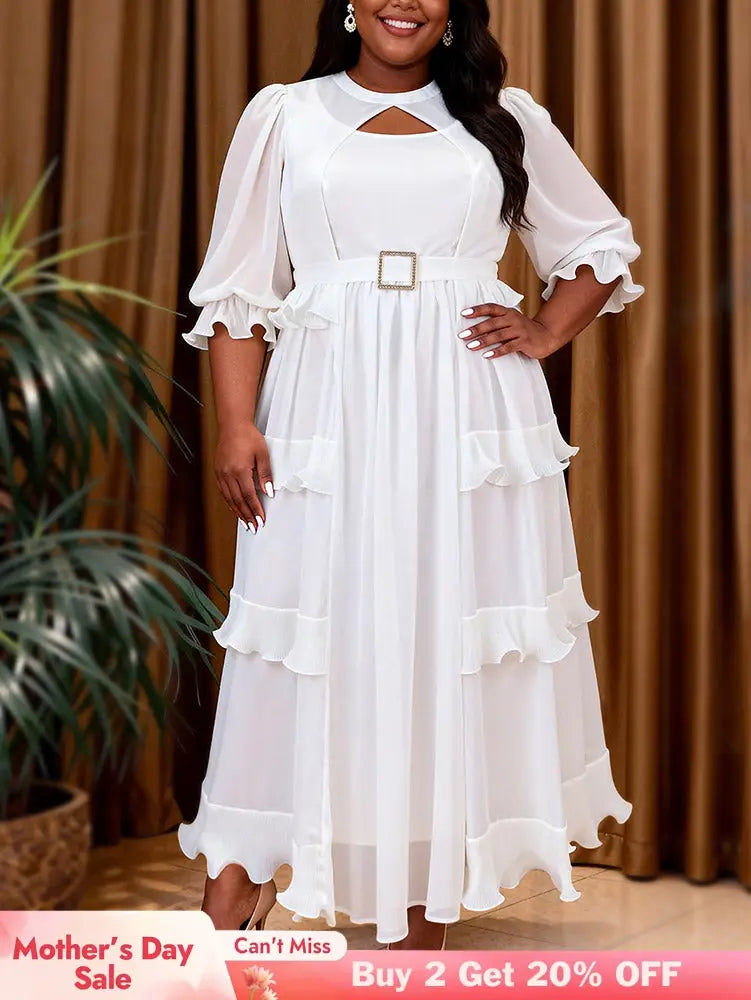 AOMEIDRESS Chiffon A Line Dress Cut Out Neck Puff Sleeve Ruffles Belt - White / S