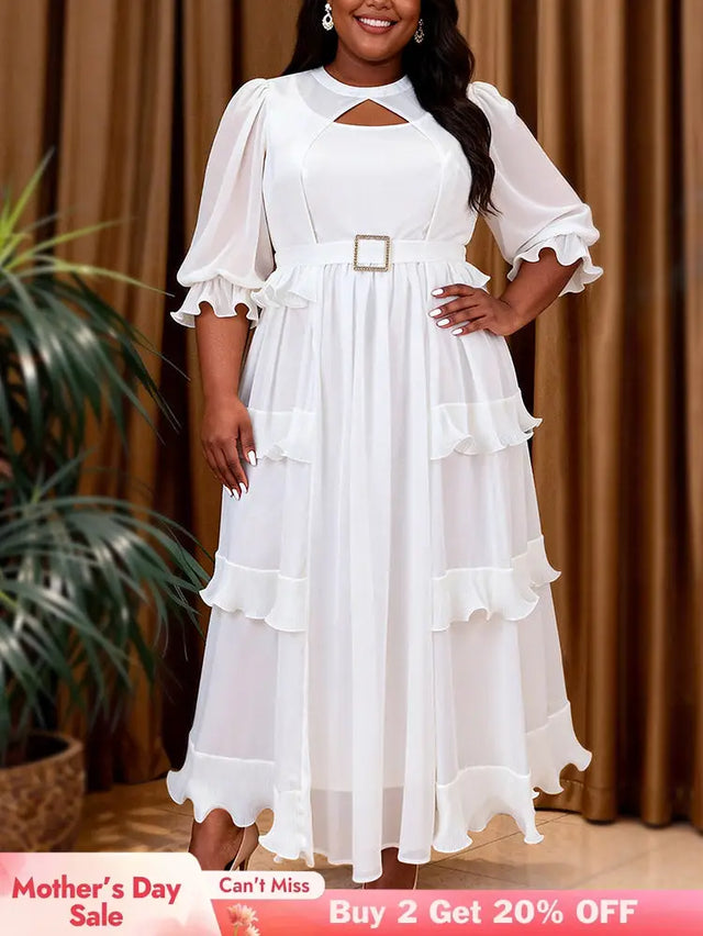 AOMEIDRESS Chiffon A Line Dress Cut Out Neck Puff Sleeve Ruffles Belt - White / S