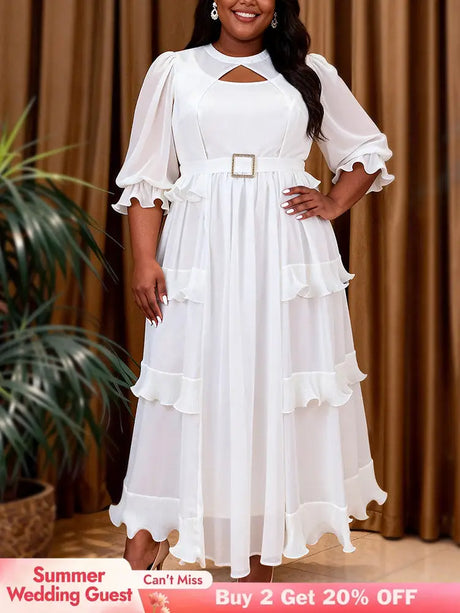 AOMEIDRESS Chiffon A Line Dress Cut Out Neck Puff Sleeve Ruffles Belt - White / S