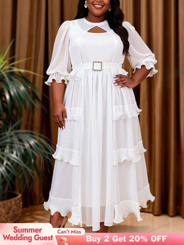 AOMEIDRESS Chiffon A Line Dress Cut Out Neck Puff Sleeve Ruffles Belt - White / S