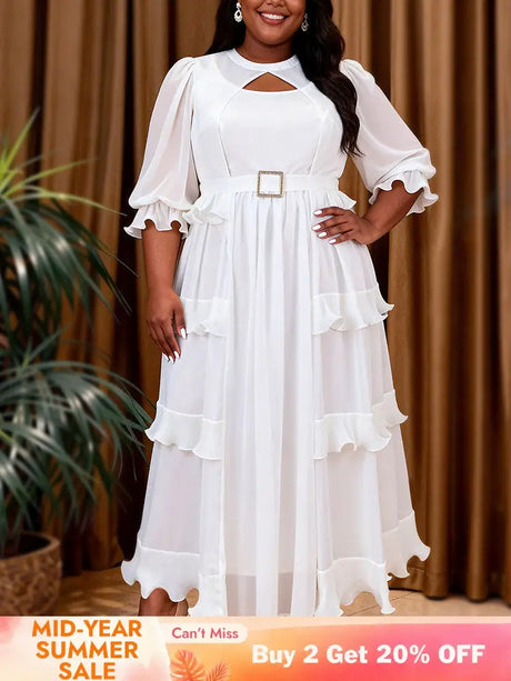 AOMEIDRESS Chiffon A Line Dress Cut Out Neck Puff Sleeve Ruffles Belt - White / S