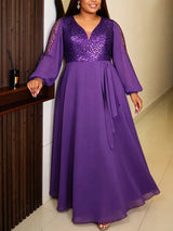 AOMEIDRESS Chiffon A Line Dress Long Sleeve V Neck Patchwork Sequins