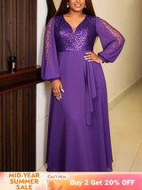 AOMEIDRESS Chiffon A Line Dress Long Sleeve V Neck Patchwork Sequins - DeepPurple / L