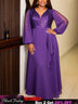AOMEIDRESS Chiffon A Line Dress Long Sleeve V Neck Patchwork Sequins - DeepPurple / L