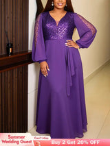 AOMEIDRESS Chiffon A Line Dress Long Sleeve V Neck Patchwork Sequins - DeepPurple / L