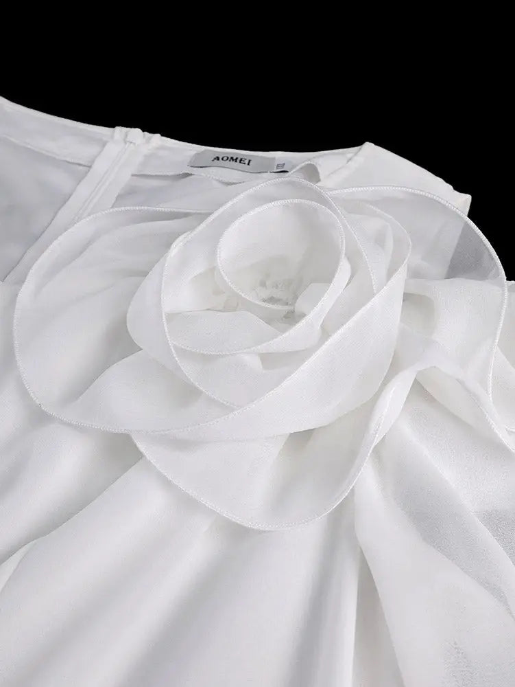 AOMEIDRESS Chiffon A Line Dresses Puff Sleeves Off Shoulder 3D Rose