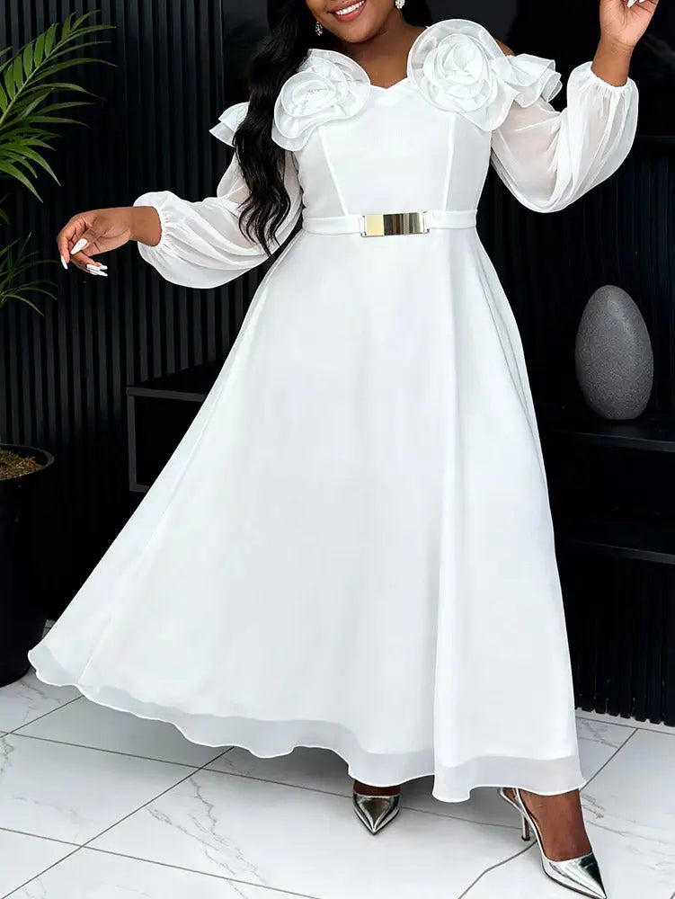 AOMEIDRESS Chiffon A Line Dresses Puff Sleeves Off Shoulder 3D Rose