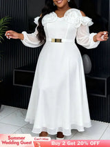 AOMEIDRESS Chiffon A Line Dresses Puff Sleeves Off Shoulder 3D Rose - White / L