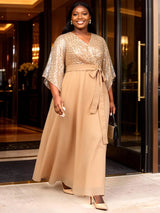 AOMEIDRESS Chiffon A Line Dresses Sequins V Neck Flare Sleeve Lace Up