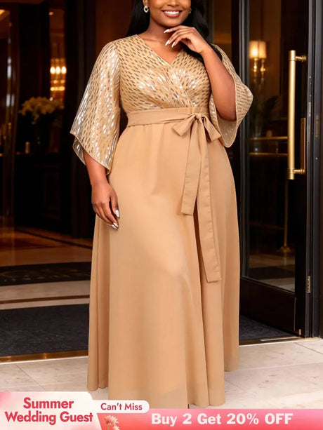 AOMEIDRESS Chiffon A Line Dresses Sequins V Neck Flare Sleeve Lace Up - Khaki / S