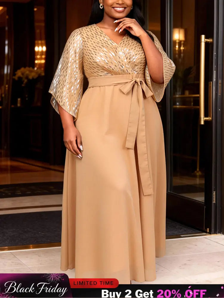 AOMEIDRESS Chiffon A Line Dresses Sequins V Neck Flare Sleeve Lace Up - Khaki / S