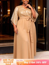AOMEIDRESS Chiffon A Line Dresses Sequins V Neck Flare Sleeve Lace Up - Khaki / S