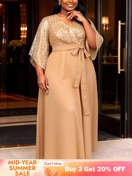 AOMEIDRESS Chiffon A Line Dresses Sequins V Neck Flare Sleeve Lace Up - Khaki / S