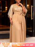AOMEIDRESS Chiffon A Line Dresses Sequins V Neck Flare Sleeve Lace Up - Khaki / S