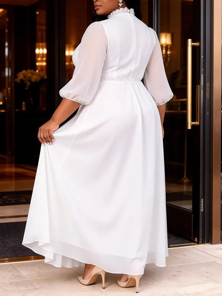 AOMEIDRESS Chiffon A Line Dresses V Neck Puff Sleeves Tiered Ruffled