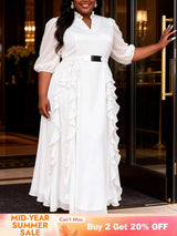 AOMEIDRESS Chiffon A Line Dresses V Neck Puff Sleeves Tiered Ruffled - White / L