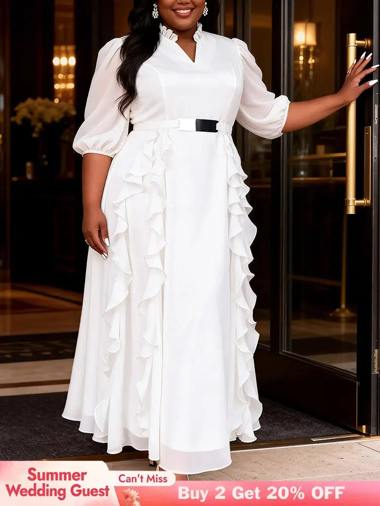 AOMEIDRESS Chiffon A Line Dresses V Neck Puff Sleeves Tiered Ruffled - White / L