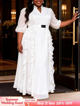 AOMEIDRESS Chiffon A Line Dresses V Neck Puff Sleeves Tiered Ruffled - White / L