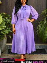 AOMEIDRESS Chiffon A Line Pleated Dress Puff Sleeve Rhinestone Tassel - Lavender / L
