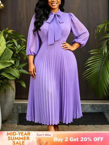 AOMEIDRESS Chiffon A Line Pleated Dress Puff Sleeve Rhinestone Tassel - Lavender / L