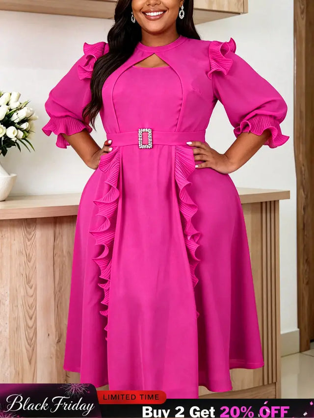 AOMEIDRESS Chiffon Dress Cut Out Neck 3/4 Ruffles Puff Sleeves Belt - Rose / L